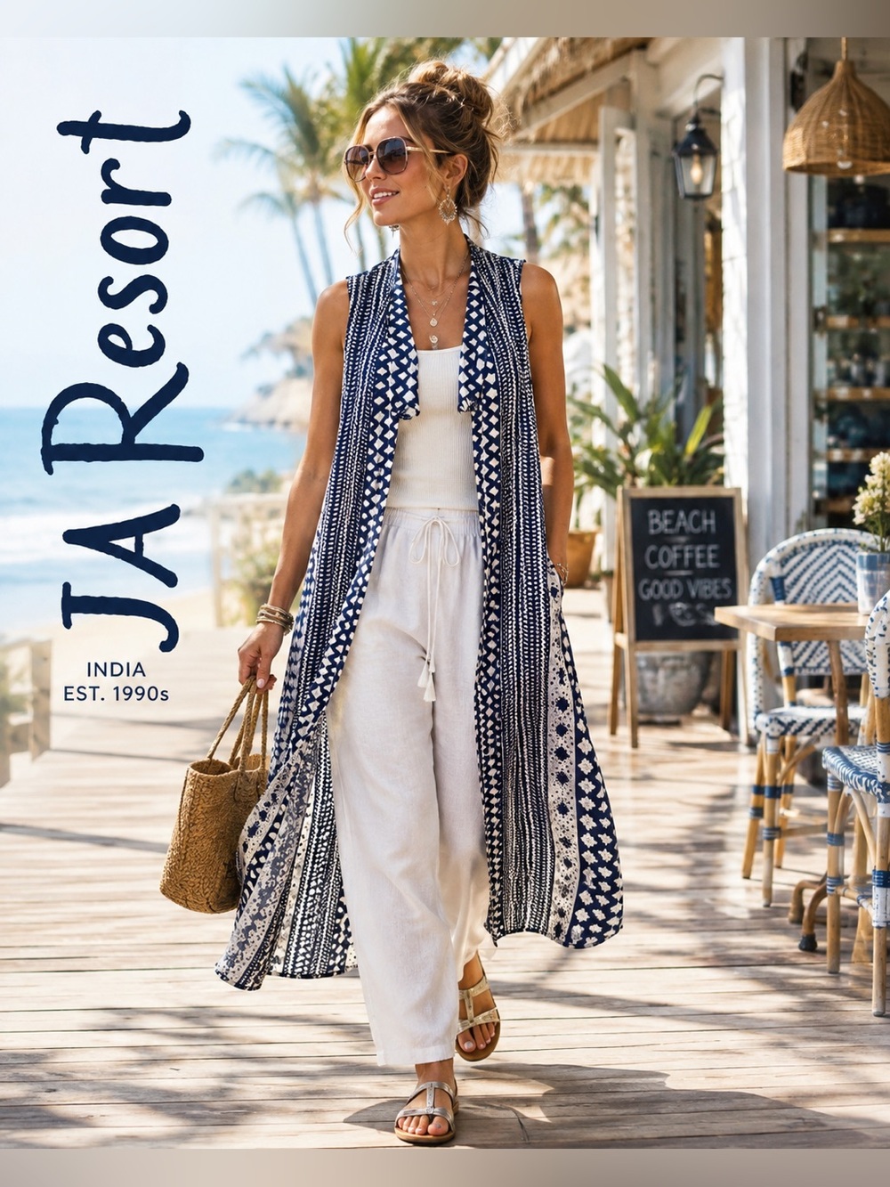 VTG Y2K JA Resort Blue Ikat Rayon  Duster Kimono Boho Resort Open Front,Size M